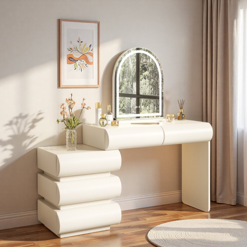 Meuble-lavabo moderne avec miroir à DEL 3 couleurs et finition en cuir, armoire latérale mobile et 5 tiroirs de rangement