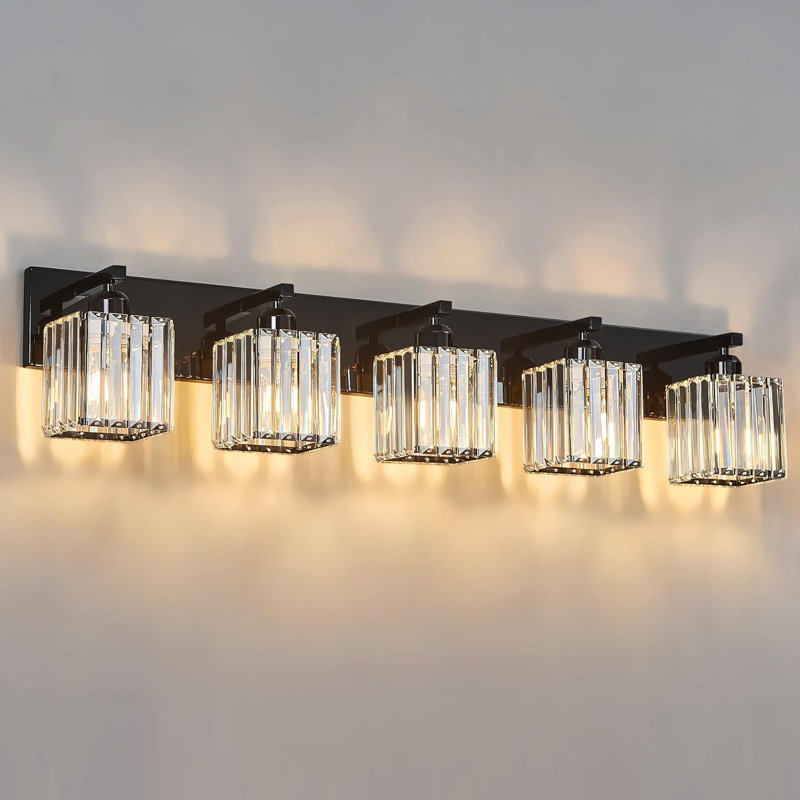 Luminaire de salle de bain moderne à 5 lumières avec abat-jour en cristal, installation facile, éclairage à intensité variable