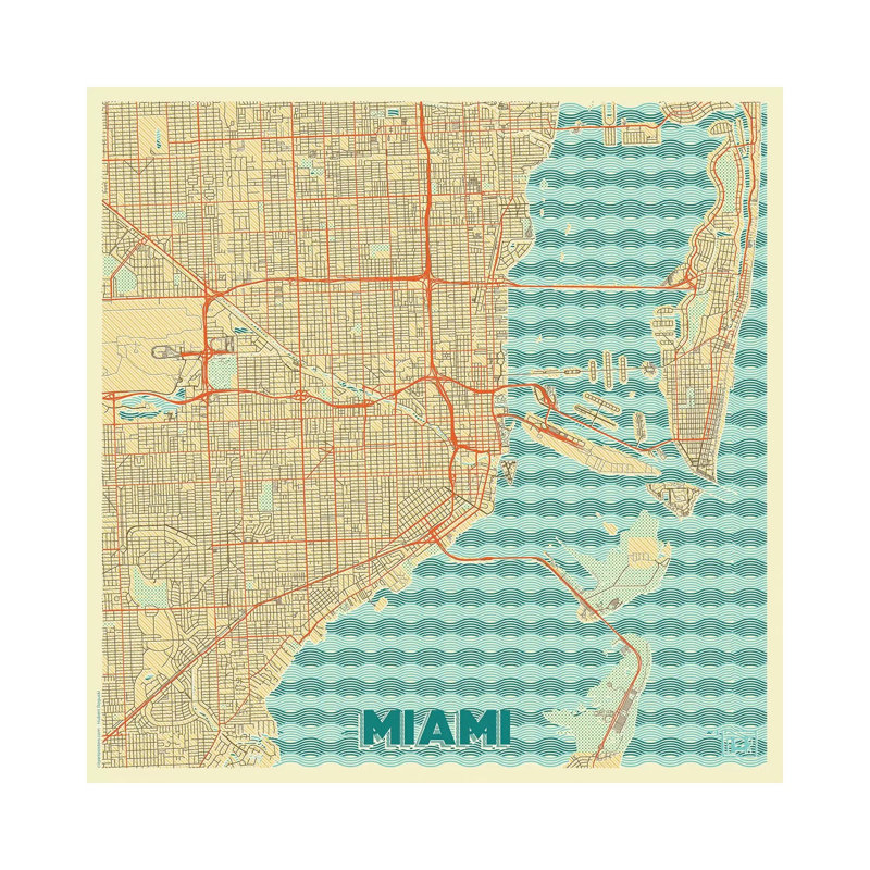Miami Retro Urban Blueprint Map by Hubert Roguski - Wrapped Canvas Print, 45.72 cm H x 45.72 cm W x 1.91 cm D