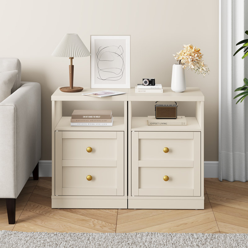 Modern Nightstand With Door & Open Shelf，Set of 2, Beige