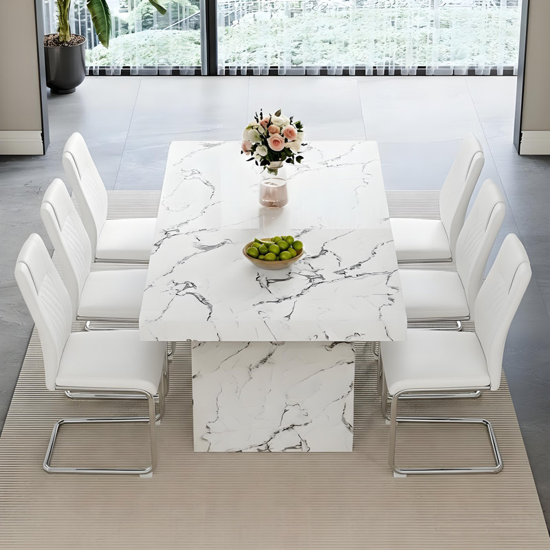 Ensemble de table de salle à manger 7 pièces, ensemble de table à manger en marbre 79 po pour 6 personnes, Blanc
