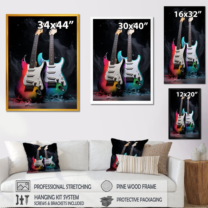 Guitare verte et rouge - art mural guitare, Cadre doré simple, H 32 po x l 24 po x P 1 po