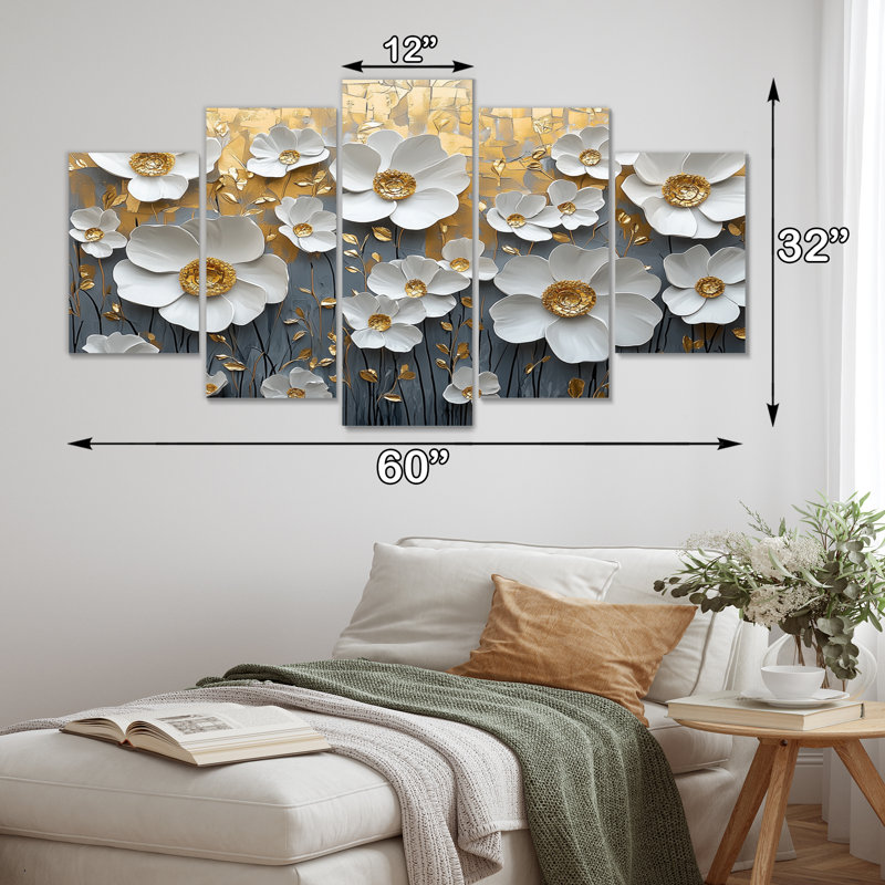 Fleurs blanches et dorées, fleurs sauvages V - Art mural fleurs sauvages - ensemble de 5 décorations murales traditionnelles
