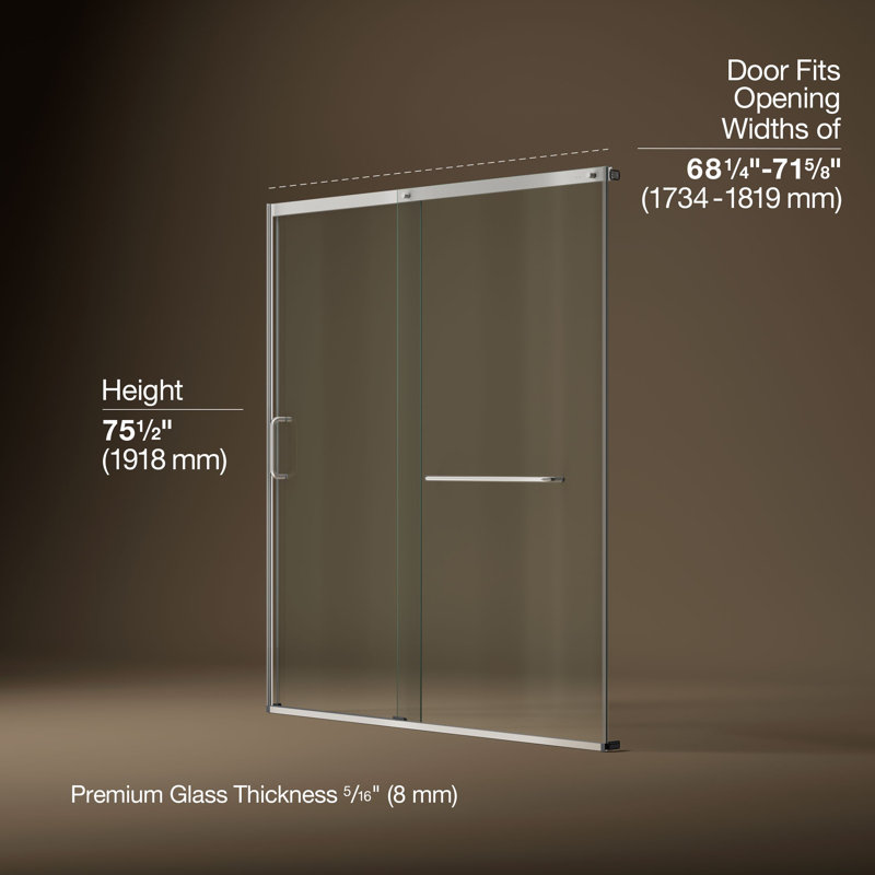 Sliding Shower Door, 75-1/2-In H X 68-1/4 - 71-5/8-In W, With Heavy 5/16-In Thick Crystal Clear Glass, Silver