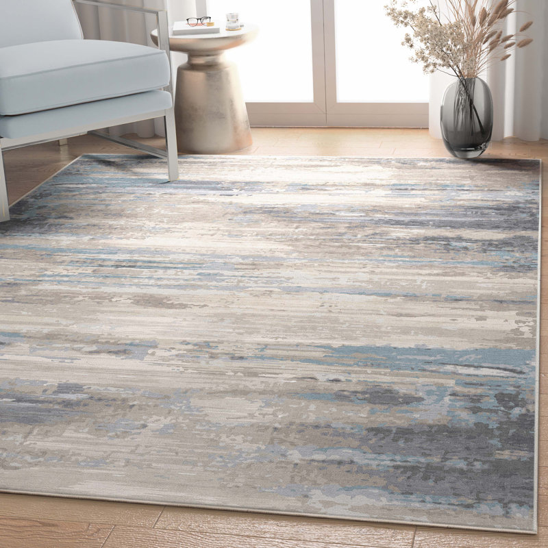 Nuzzo Tuscany Mid-Century Modern Brushstroke Flat-Weave Beige Blue Area Rug, Rectangle 9'10" x 13'