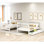 Lit superposé double blanc avec tablettes et tiroirs de rangement multiples, escalier à quatre marches pour une montée en toute sécurité, barrière de sécurité supérieure en blanc, organisation de la pièce à 6 tiroirs, résistance en bois de pin massif