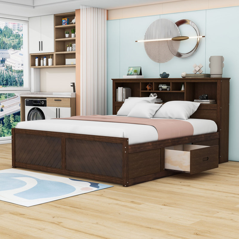Très grand lit plateforme avec tête de lit avec rangement USB et 2 tiroirs, Bois antique