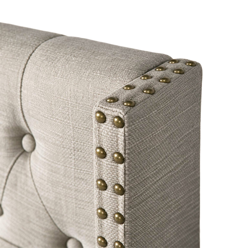 Tufted Wingback Upholstered Headboard with Nailhead Trim, Gray Linen, King / California King