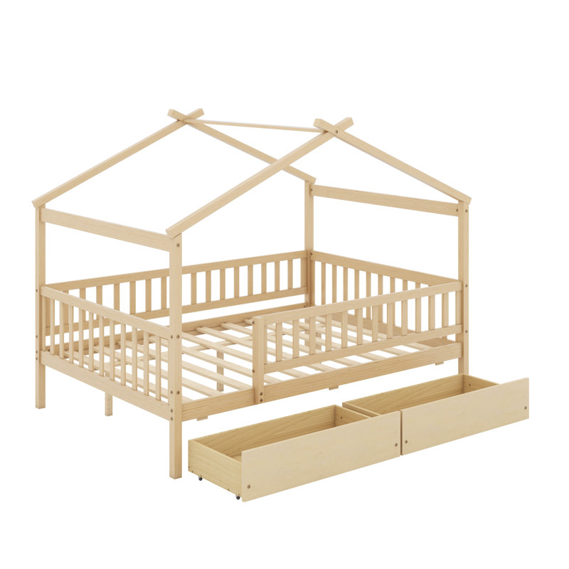 Full Size Wooden House Bed With Drawers, Naturel