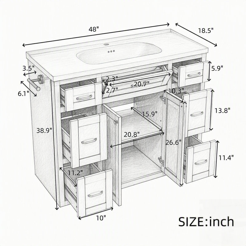 Meuble-lavabo de salle de bain avec lavabo en céramique, 6 tiroirs, tiroir rabattable, portes à fermeture en douceur et porte-serviettes réversible
