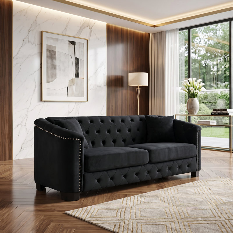 Canapé Chesterfield 77 po en velours capitonné avec garniture cloutée et coussins décoratifs, Noir