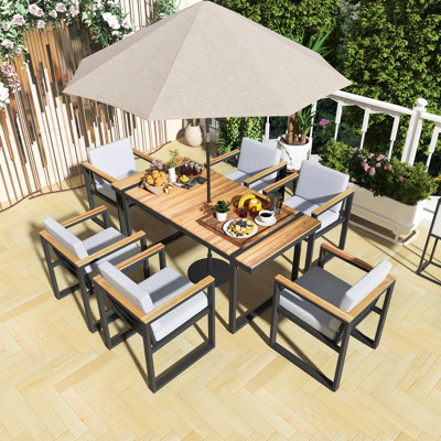 Ensemble de salle à manger 7 pièces pour l'extérieur, structure en bois d'acacia et en acier, coussins amovibles, avec trou pour parasol de 2 pouces, convient pour le patio, la cour arrière et le jardin