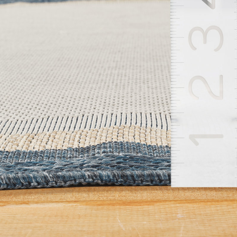 Abani Rugs MAR100A Marlene Shaped Wavy Border Blue Beige Indoor/Outdoor Area Rug, Oval 5'3" x 7'6"