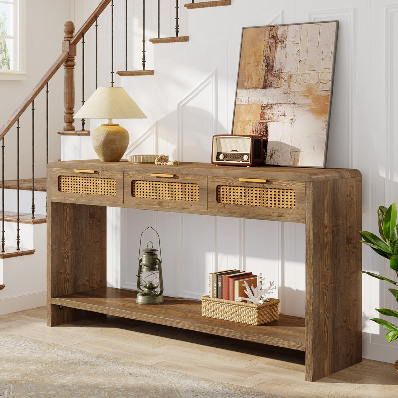 55-Inch Entryway Table with 3 Rattan Drawers and 2-Tier Open Storage Shelf，Console Sofa Table