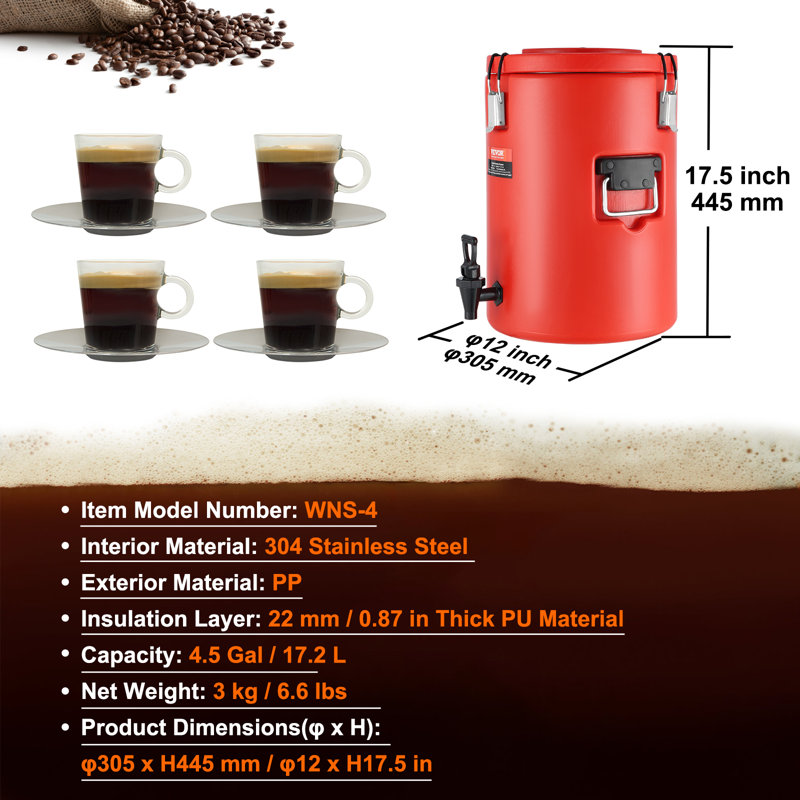 Distributeur de boissons chaudes et froides isolé VEVOR 4,5 gallons en acier inoxydable