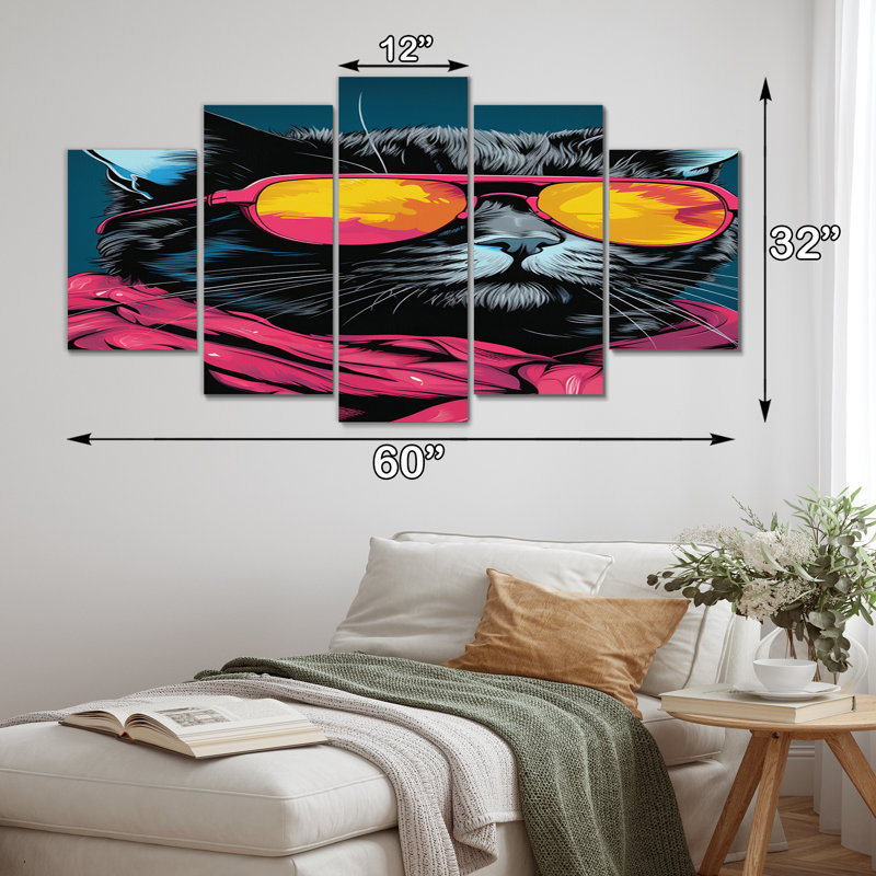 Chat froid avec lunettes de soleil jaunes - Couple, reproduction sur toile - 5 panneaux