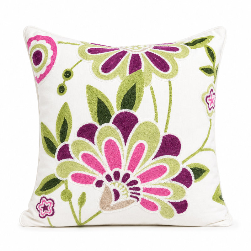 Flora Embroidered Cotton Reversible Throw Pillow, Violet, Feather