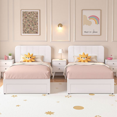 Ensemble de 2 lits simples avec cadre et têtes de lit tapissier réglables en velours et tiroirs de rangement sous le lit