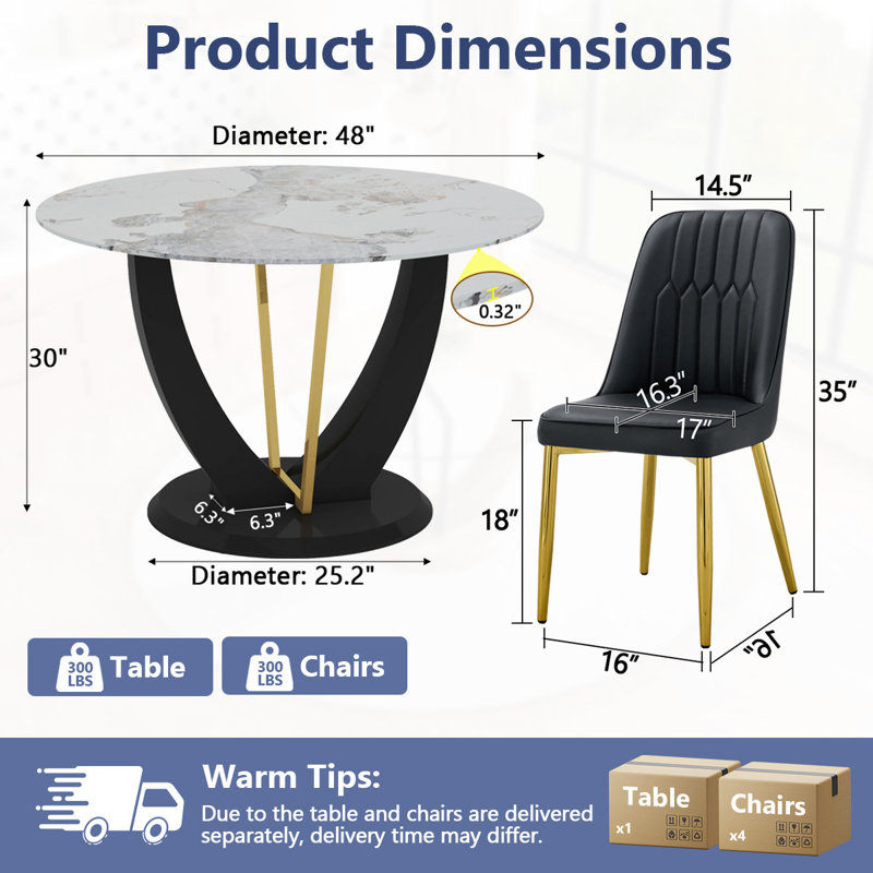 48" Modern Round Dining Table For 4-6 With Tempered Glass Tabletop, Black/Gold, 5 Pieces: Table, 4 Chairs