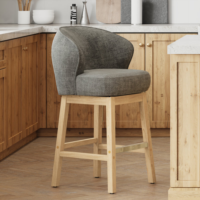 30.32" Swivel Bar Stool with Solid Rubberwood Frame and Metal Footrest, Gray Seat/ Natural Frame