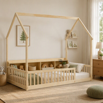 Twin House Floor Bed with Storage Shelves, Built-in LED Lights & Charging Station, Pine Wood with Safety Guardrails, Natural