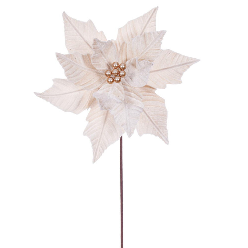 Vickerman 12" x 20" Velvet Razor Poinsettia Stem. It includes four pieces per bag., Cream