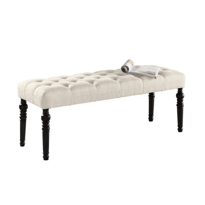 Solid Wood Dining Bench In Tan With Fabric Seat And Undulating Legs, 48W X 16D 19.5H Colour, & Rotated 48Wx16dx19.5H