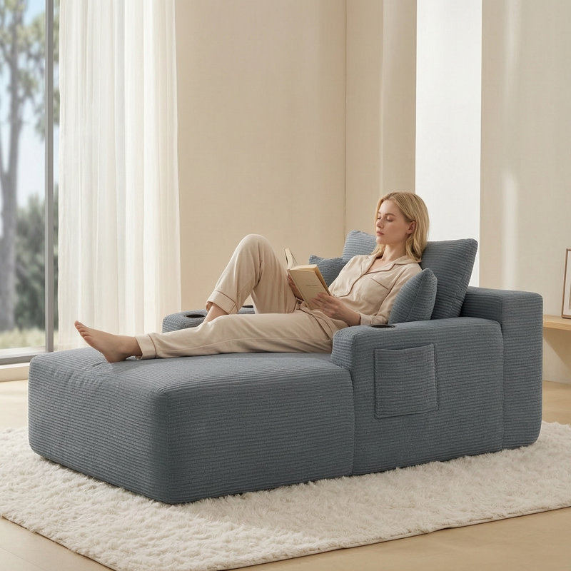 Chaise longue d'intérieur moderne en velours côtelé à accoudoirs carrés de 47 pouces, Grey