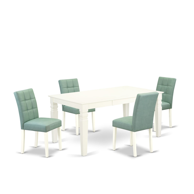 5 Piece Table Set contain A Modern Table and 4 Willow Green Polyester Fabric Dining Room Chairs, Linen White, Willow Green