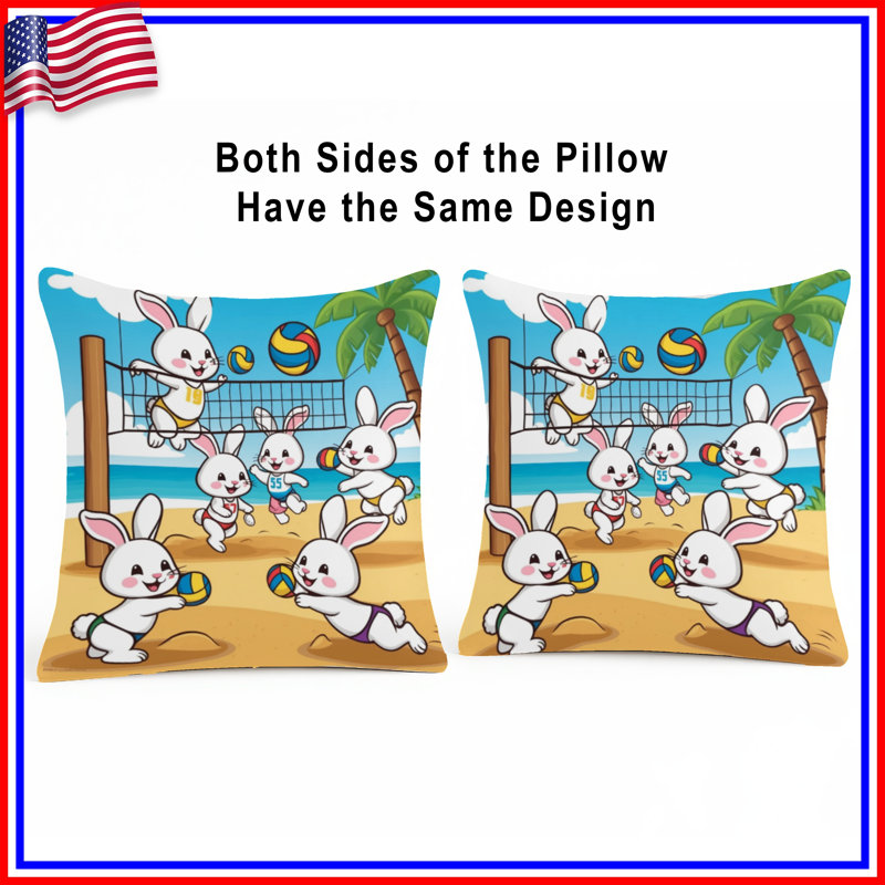 Caricature de lapins jouant au volleyball - Coussins décoratifs à double face, 16 x 16 pouces