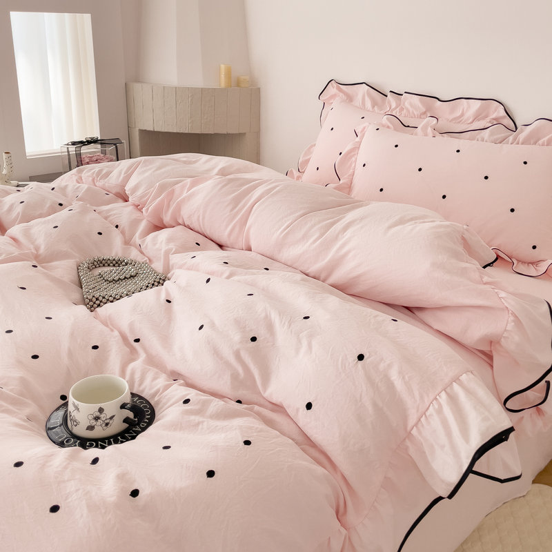Joli ensemble de housse de couette en microfibre à pois, Housse de couette grand et 2 taies d'oreiller stan, Rose