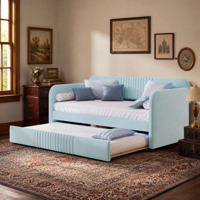 Upholstered Daybed Sofa Bed Twin Size With Trundle Bed and Wood Slat, Light Blue