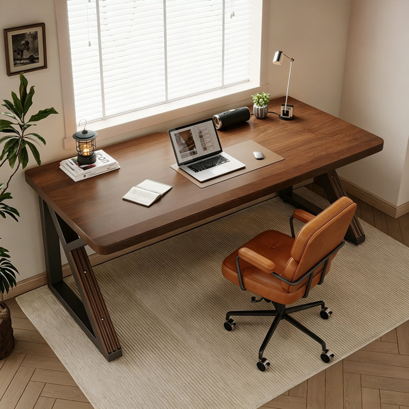 Bureau double extra long en bois massif de 63 pouces, bureau d'écriture pour bureau à domicile, avec bureau à finition épaissie, couleur noyer
