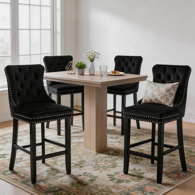 Velvet Upholstered Bar Stool with Button Tufted Back (Set of 4), Black/Black