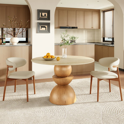 3/5/7 Pcs Modern Rustic Round Sintered Stone Dining Table Sets With Comfort Upholstered Kitchen Chairs For 2/4/6