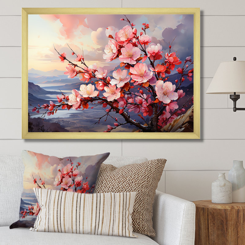 " Apple Blossom Sunset ", 12" H x 20" W x 1" D, Gold Picture Framed Canvas
