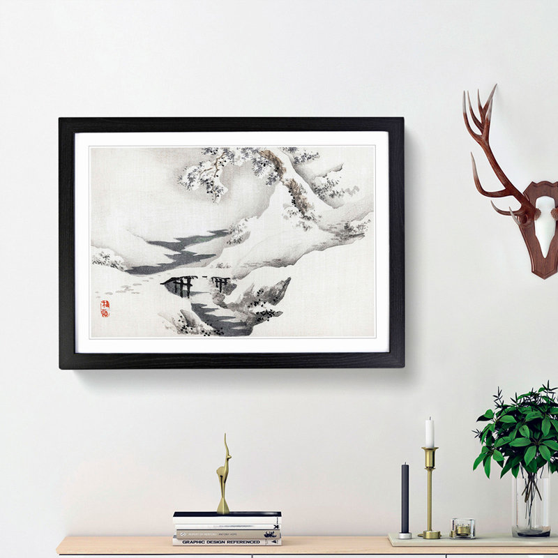 Snow Covered Bridge and Tree by Kono Bairei - Picture Frame Painting Print, 62cm H x 87cm W x 2cm D, Black Framed