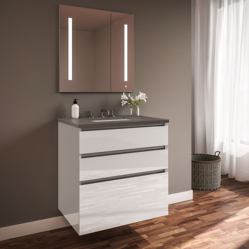 Ensemble de meuble-lavabo simple 31 po avec miroir, Gris pierre, Blanc
