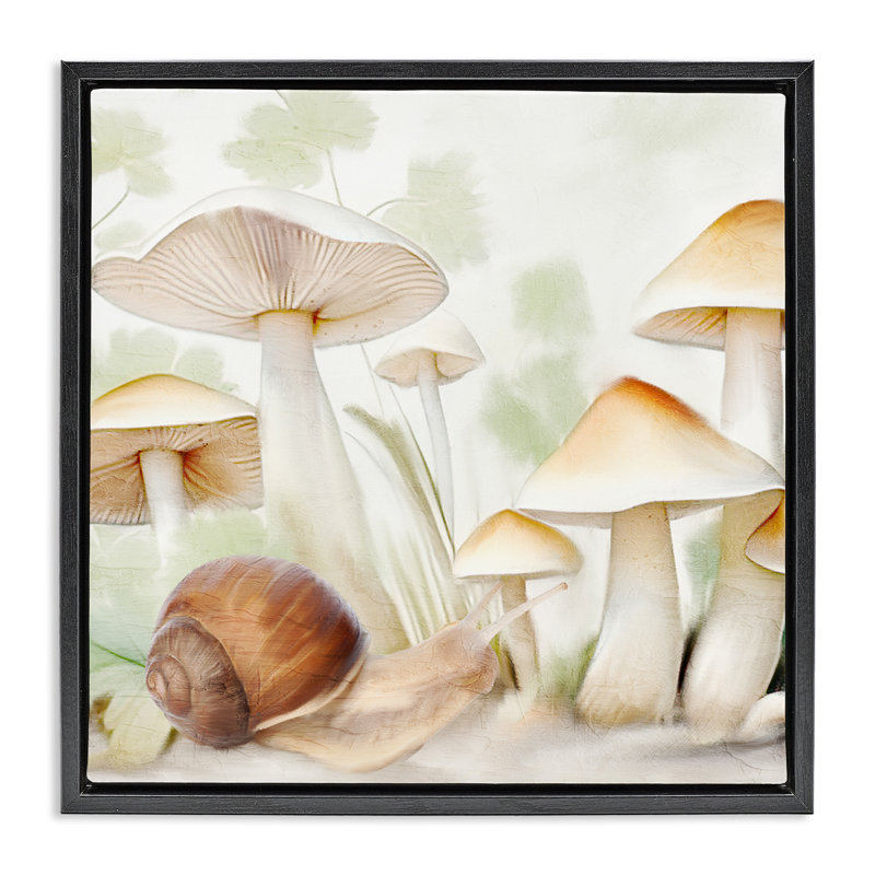 Art mural encadré, "Escargot parmi des champignons" par Kim Allen, H 25 po x l 25 po, Cadre flottant noir de jais