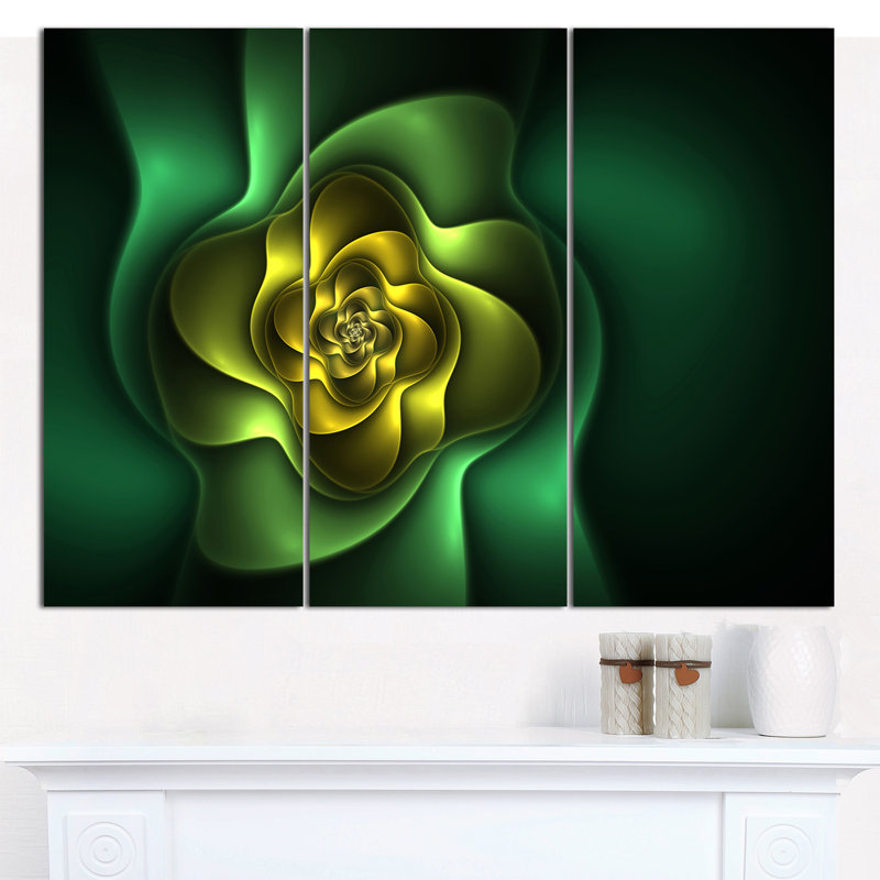" Fractal Green Flower On Black " 3 - Pieces
