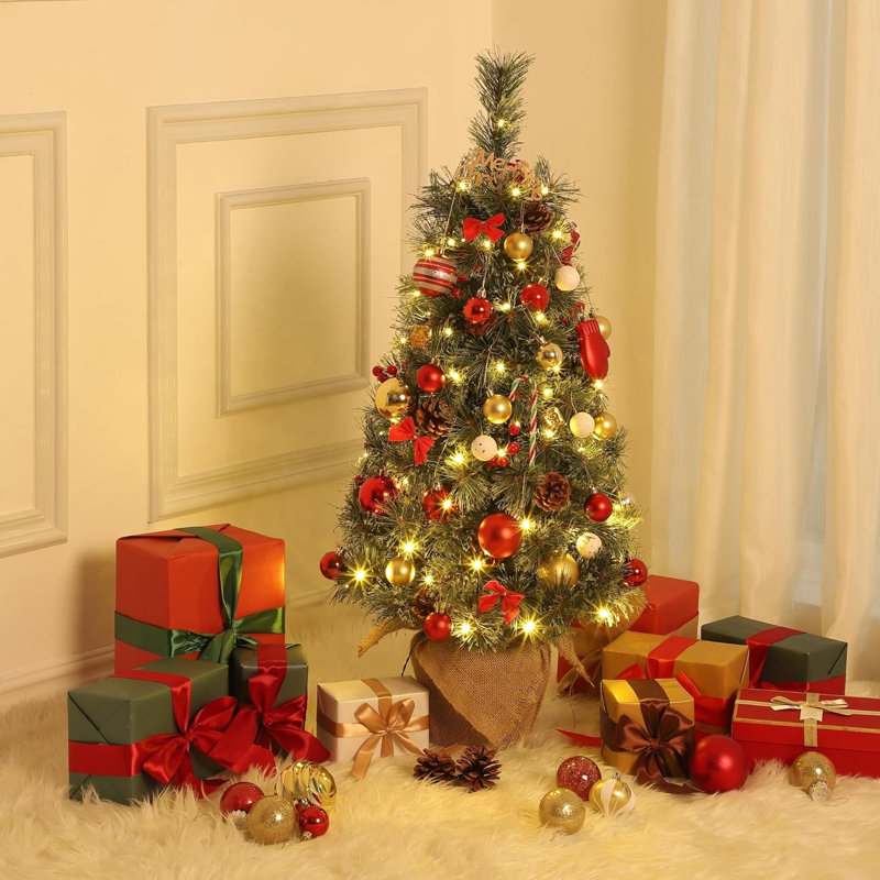 2Pcs 3Ft Mini Pre-Lit Christmas Tree, Artificial Tabletop Christmas Trees, Small Potted Xmas Tree With 78 LED Lights, Burlap Base, Red Berries And Pine Cones Fo Table Desk Decor