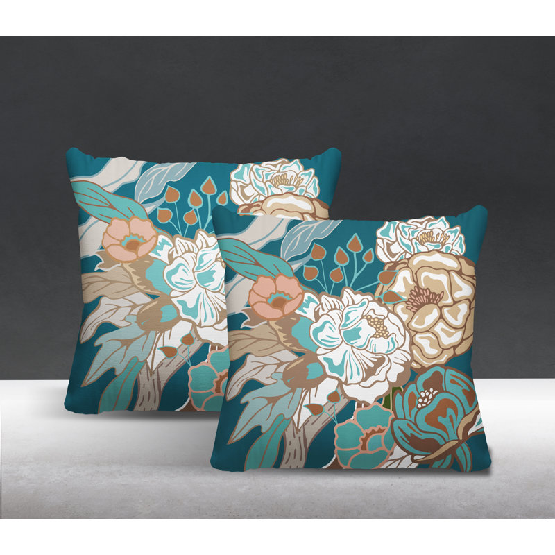 Floral Outdoor Reversible Throw Pillow, 19W" x 19H", Turquoise/Brown