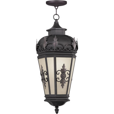 Luminaire suspendu lanterne d'extérieur en bronze clair 3 avec abat-jour en lin miel antique