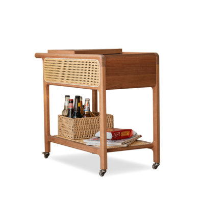 Vintage Rattan Wood Mobile End Table With Storage