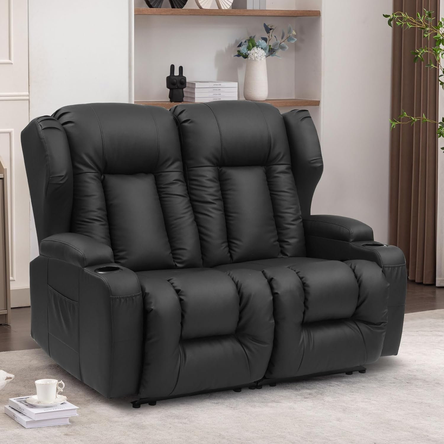 Ebern Designs 54.2" Wide Faux Leather Home Theater Loveseat with Cup ...