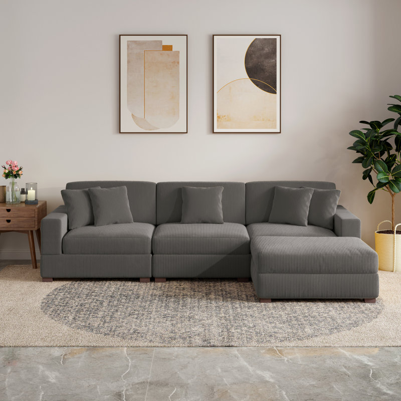 4 - Piece Upholstered Light Gray Corduroy Modular Sofa Sectional with Pillow Back and Removable Ottoman, Light Gray Corduroy