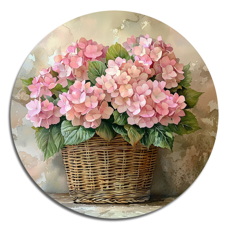 Hortensias dans un panier rétro II - hydrangées, art mural rond en métal, H 36 po x l 36 po