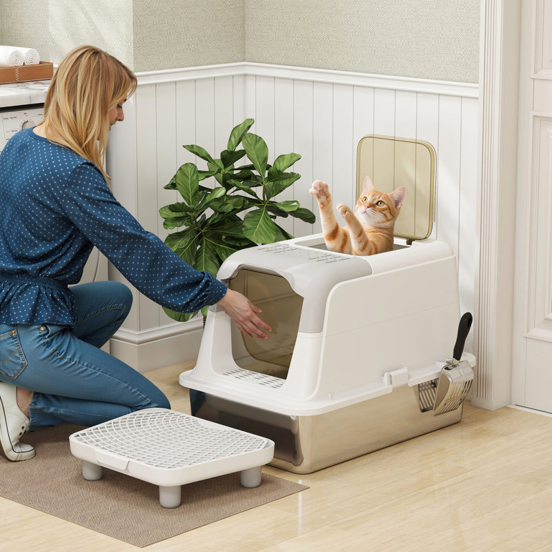 Bac à litière pour chat XL blanc fermé en acier inoxydable avec couvercle, entrée avant et sortie par le haut, bords hauts, incluant pelle, sac désodorisant et tapis de pédale