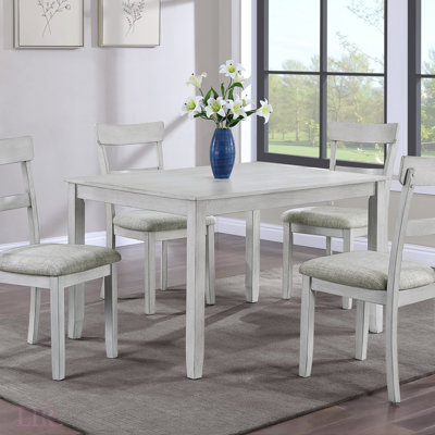 Ensemble de salle à manger rustique 5 pièces avec table rectangulaire et chaises rembourrées d'aspect lin, finition bois de grève
