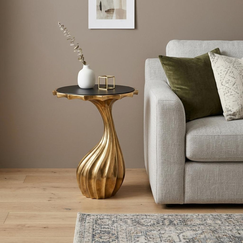  Table de bout abstraite en aluminium et granit noir 25 po Glam